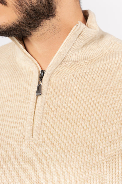 BEIGE KNITTED HIGHNECK ZIPPER SWEATER
