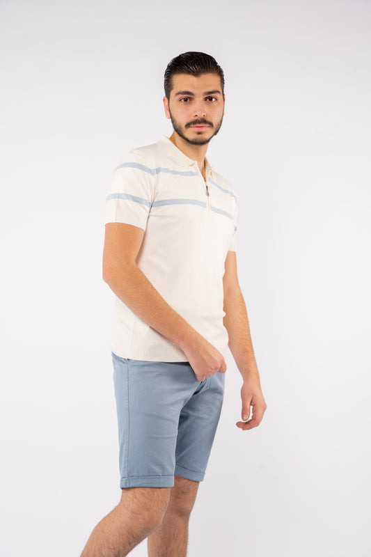 WHITE BLUE LINES ZIPPER POLO