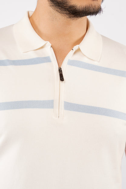 WHITE BLUE LINES ZIPPER POLO