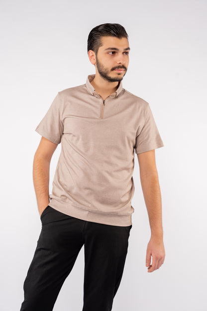 BEIGE ZIPPER BUTTON COLLAR POLO