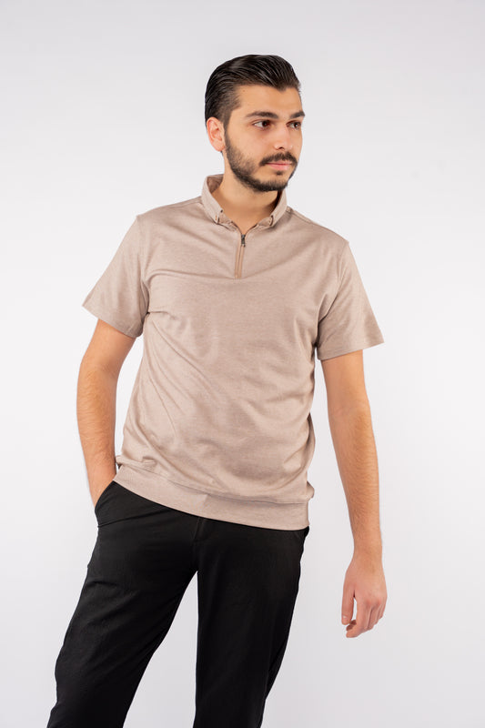 BEIGE ZIPPER BUTTON COLLAR POLO