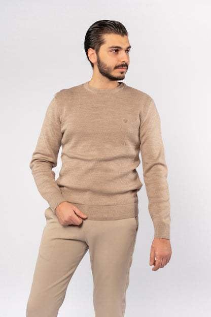 DARK BEIGE ROUND NECK PIQUET SWEATER