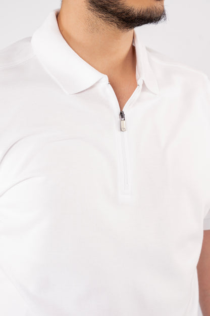 WHITE PIQUET ZIPPER POLO