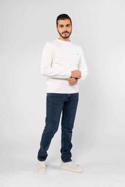 WHITE ROUND NECK PIQUET SWEATER