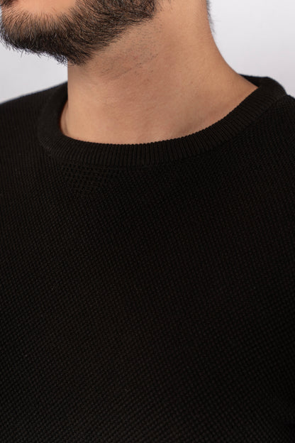 BLACK ROUND NECK PIQUET SWEATER