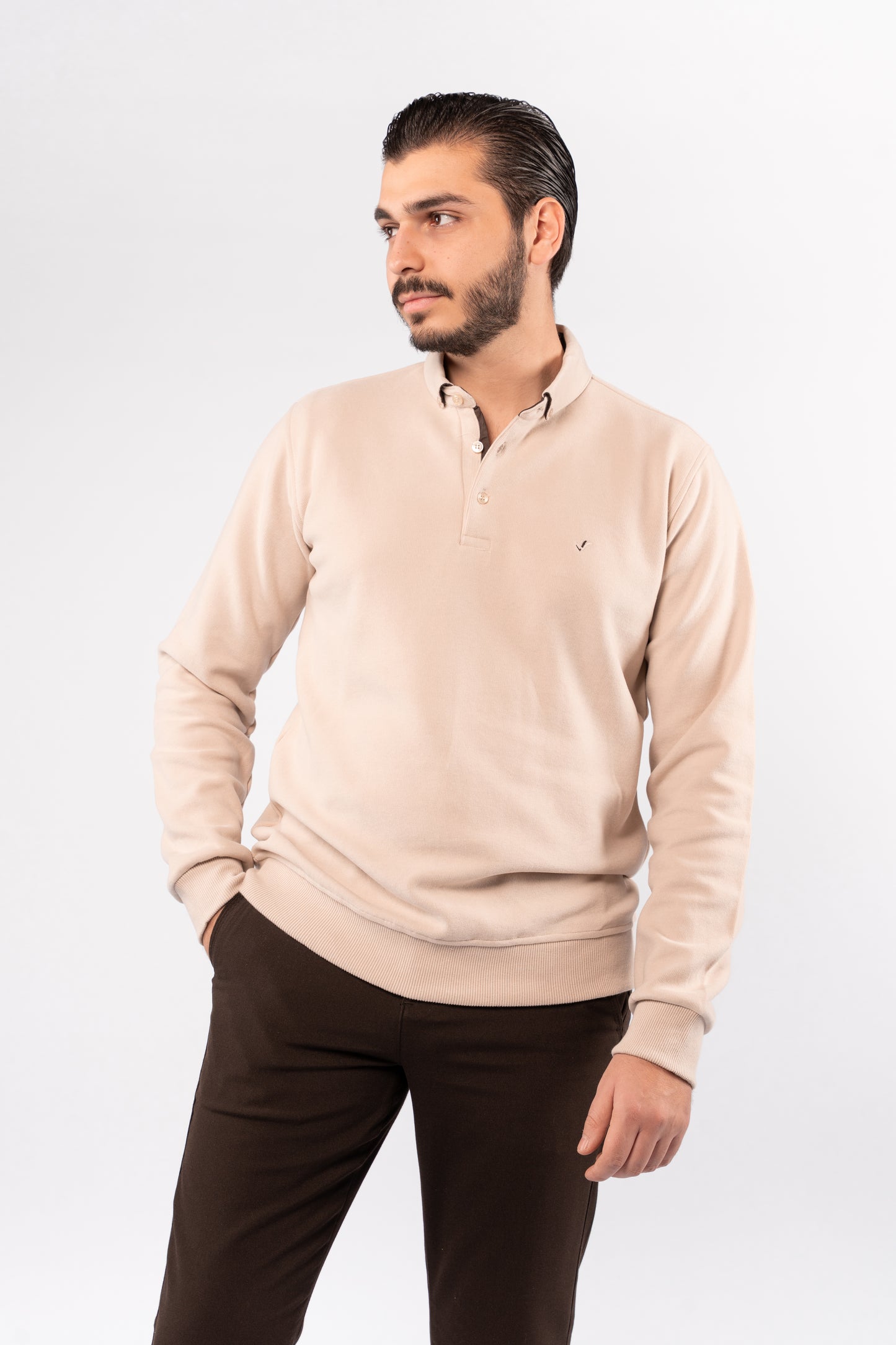 BEIGE BUTTON POLO SWEATER