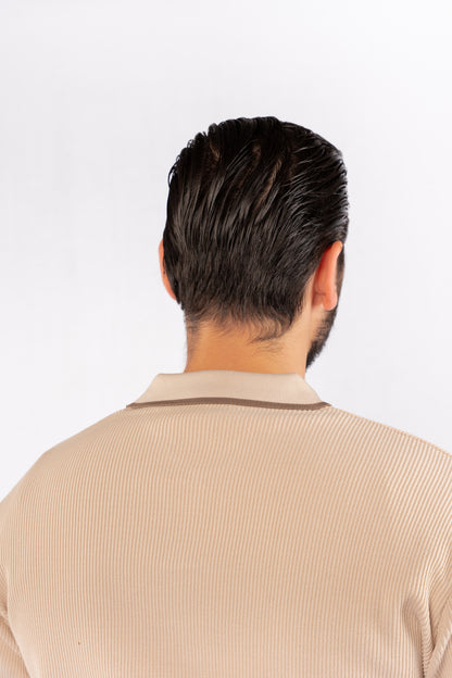 BEIGE LINED POLO SWEATER