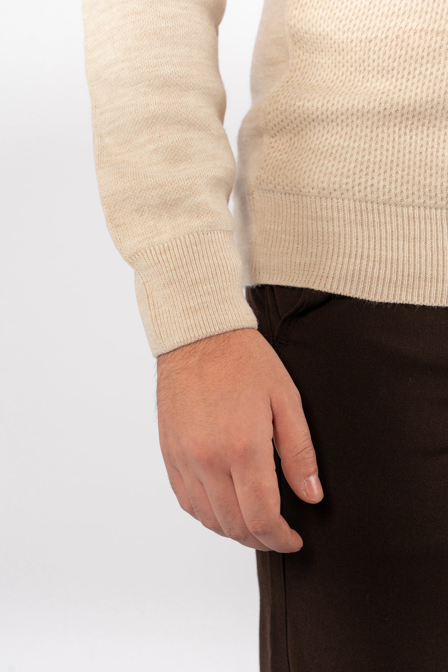 BEIGE ROUND NECK PIQUET SWEATER