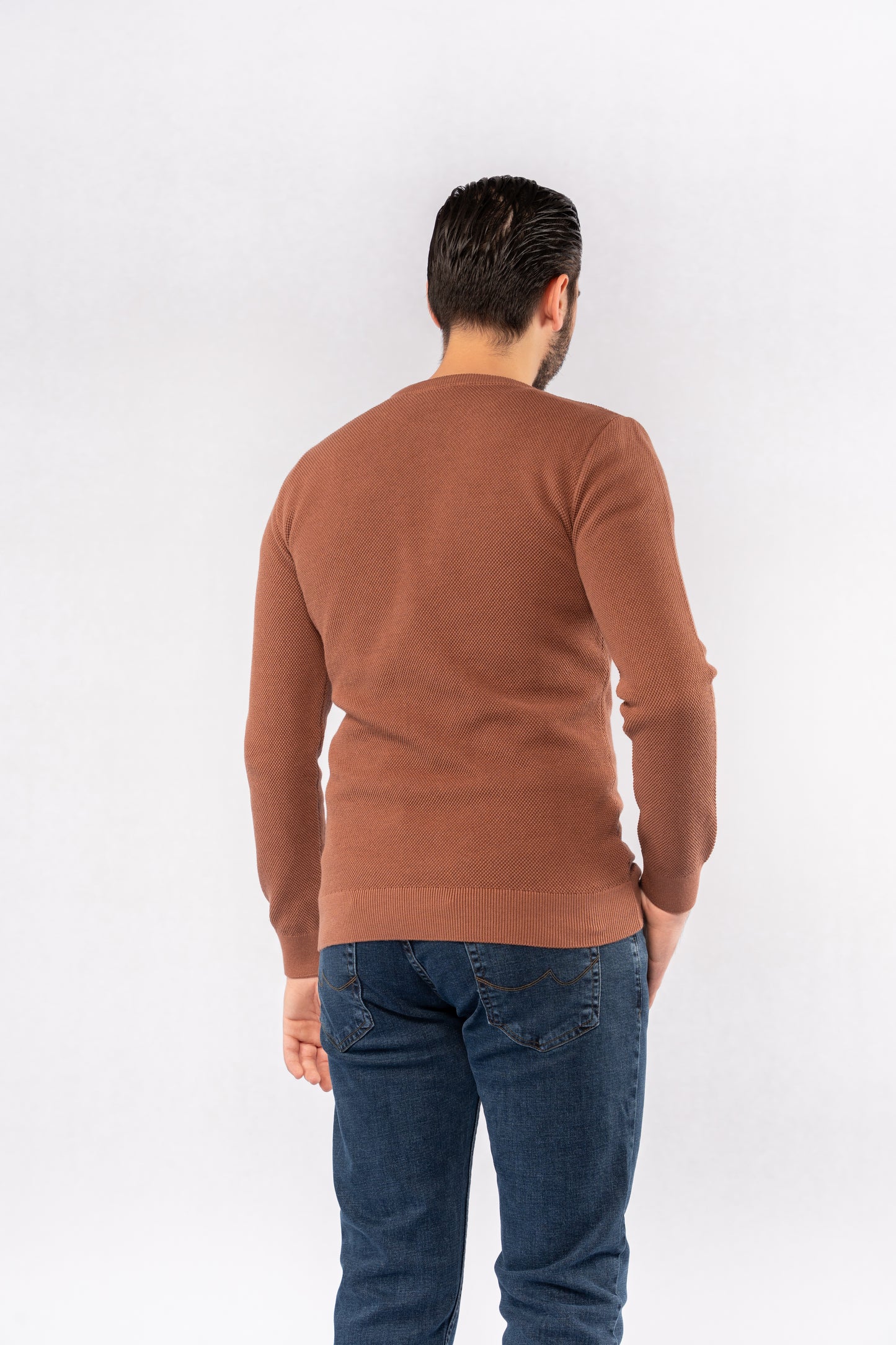 MOCHA ROUND NECK PIQUET SWEATER