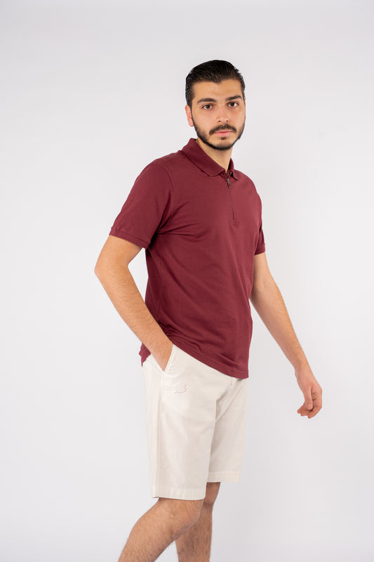 BURGUNDY PIQUET ZIPPER POLO