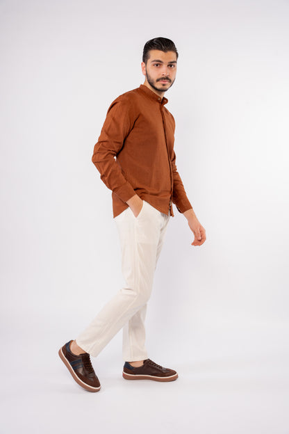 LIGHT BROWN CHINESE LINEN SHIRT