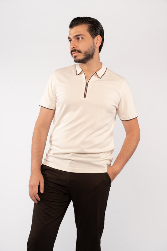 BEIGE BROWN LINE ZIPPER MERCERIZED POLO