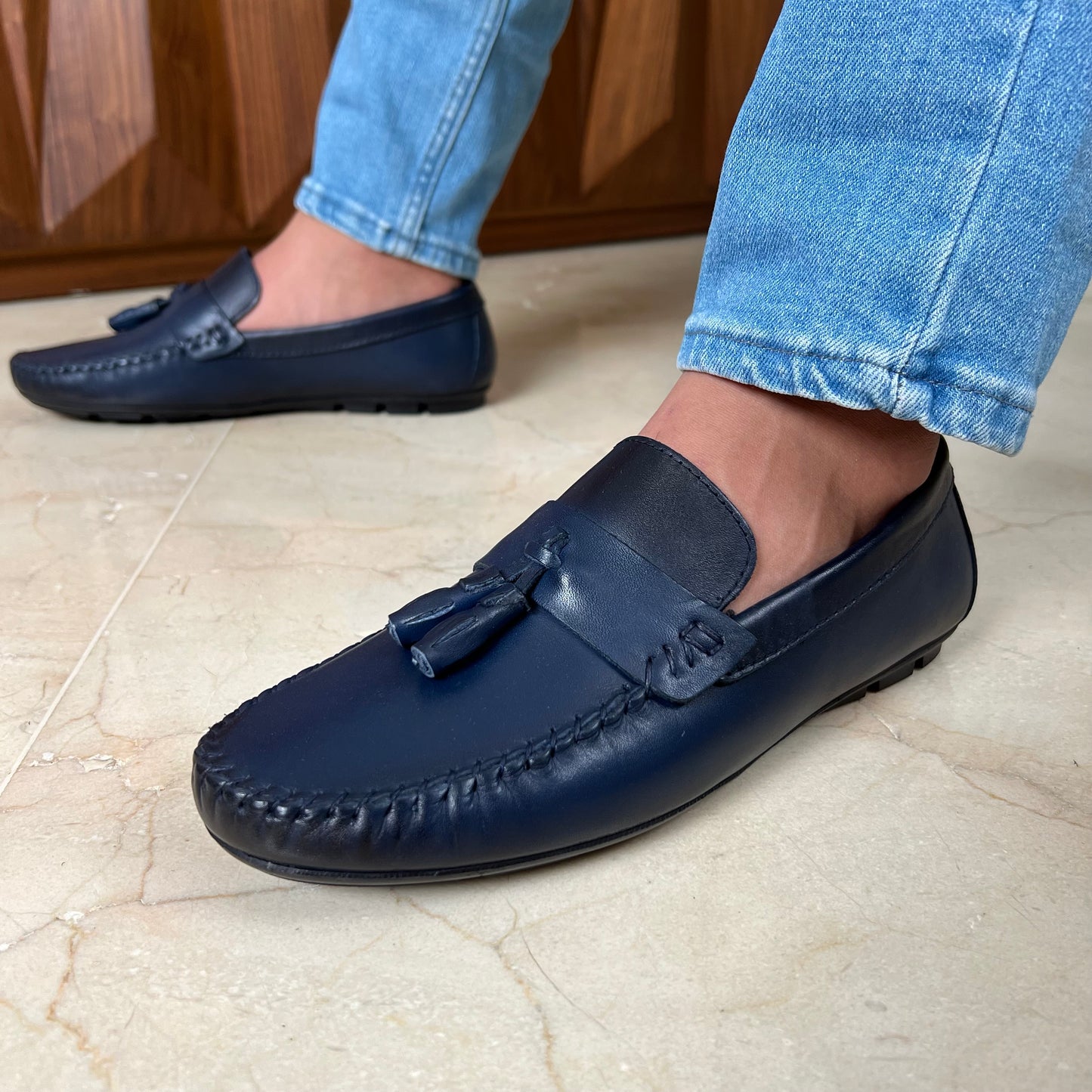 Navy Leather Tassels Moccasin