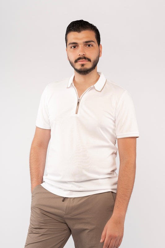 WHITE BEIGE LINE ZIPPER MERCERIZED POLO