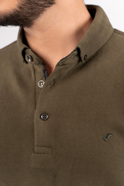 OLIVE BUTTON POLO SWEATER