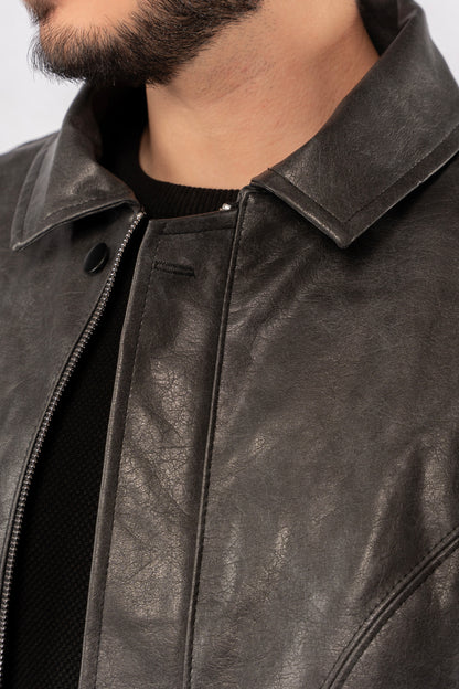 GREY TRUCKER LEATHER JACKET