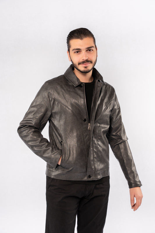 GREY TRUCKER LEATHER JACKET