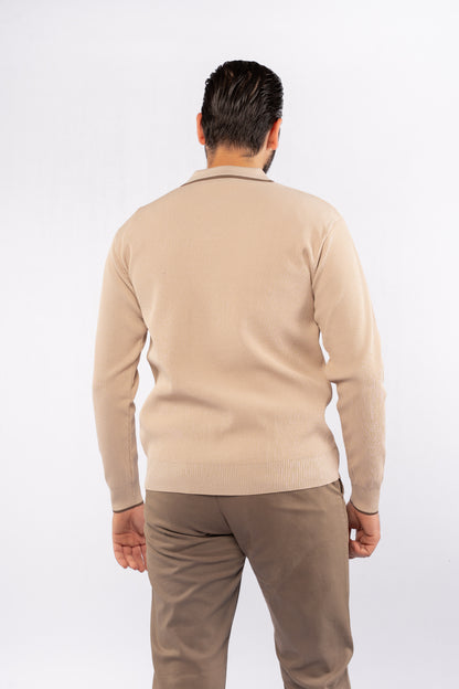 BEIGE LINED POLO SWEATER