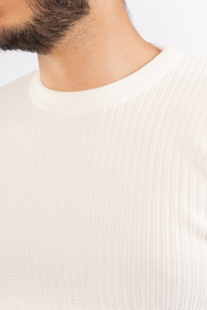 WHITE TRICOT ROUNDNECK SWEATER