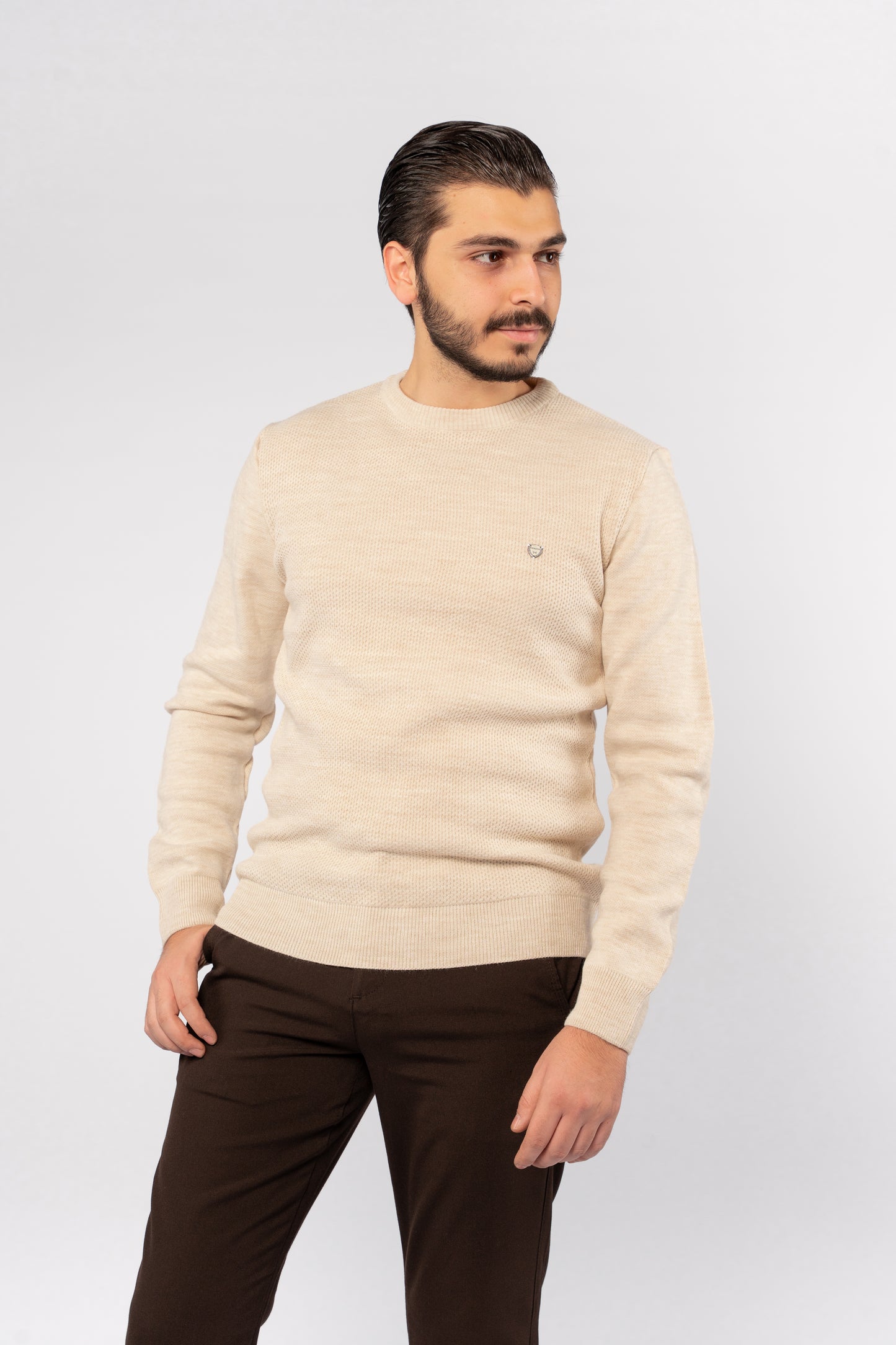 BEIGE ROUND NECK PIQUET SWEATER