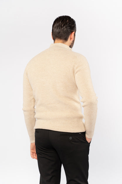 BEIGE KNITTED HIGHNECK ZIPPER SWEATER