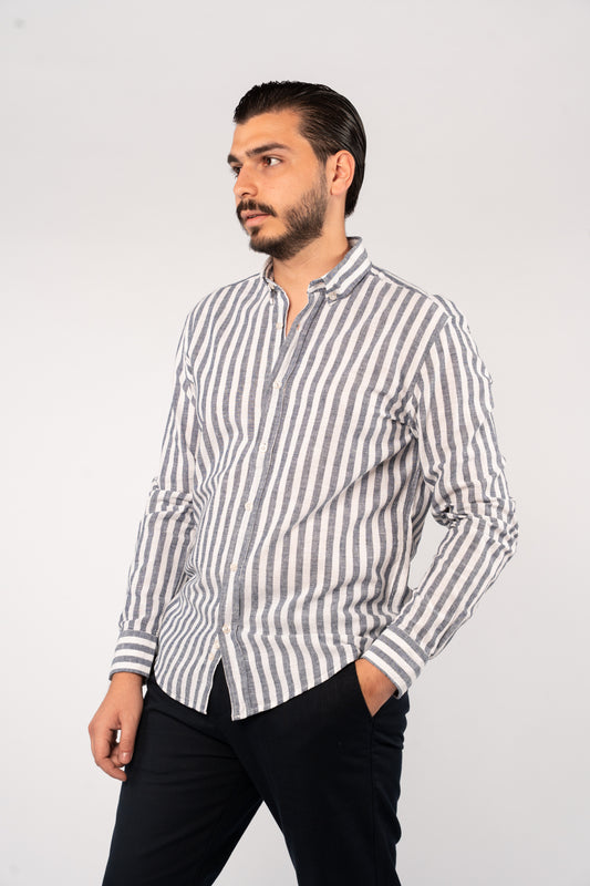WHITE NAVY LINE LINEN SHIRT