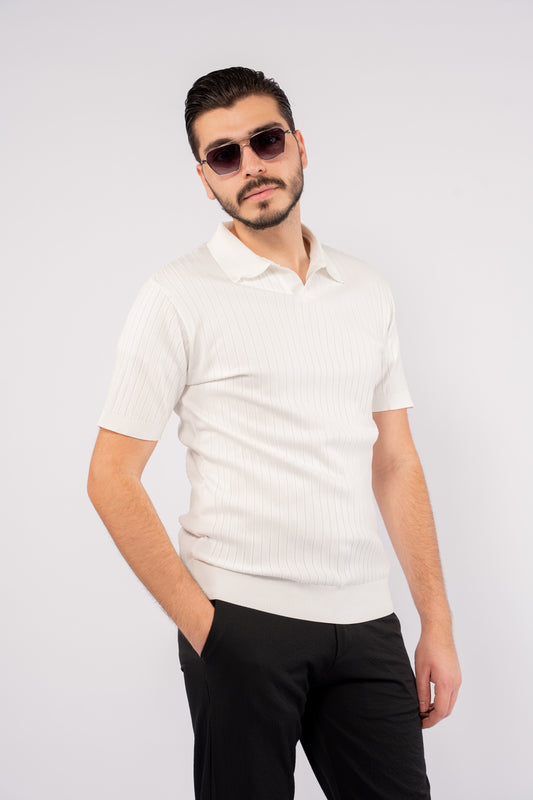 WHITE VNECK LINED POLO