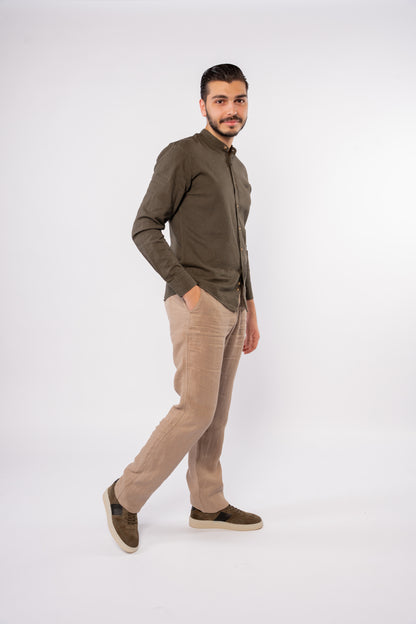 DARK OLIVE CHINESE LINEN SHIRT