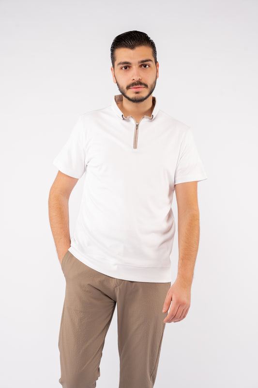 WHITE ZIPPER BUTTON COLLAR POLO