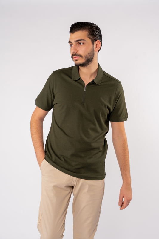 OLIVE PIQUET ZIPPER POLO