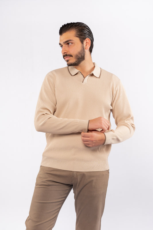 BEIGE LINED POLO SWEATER